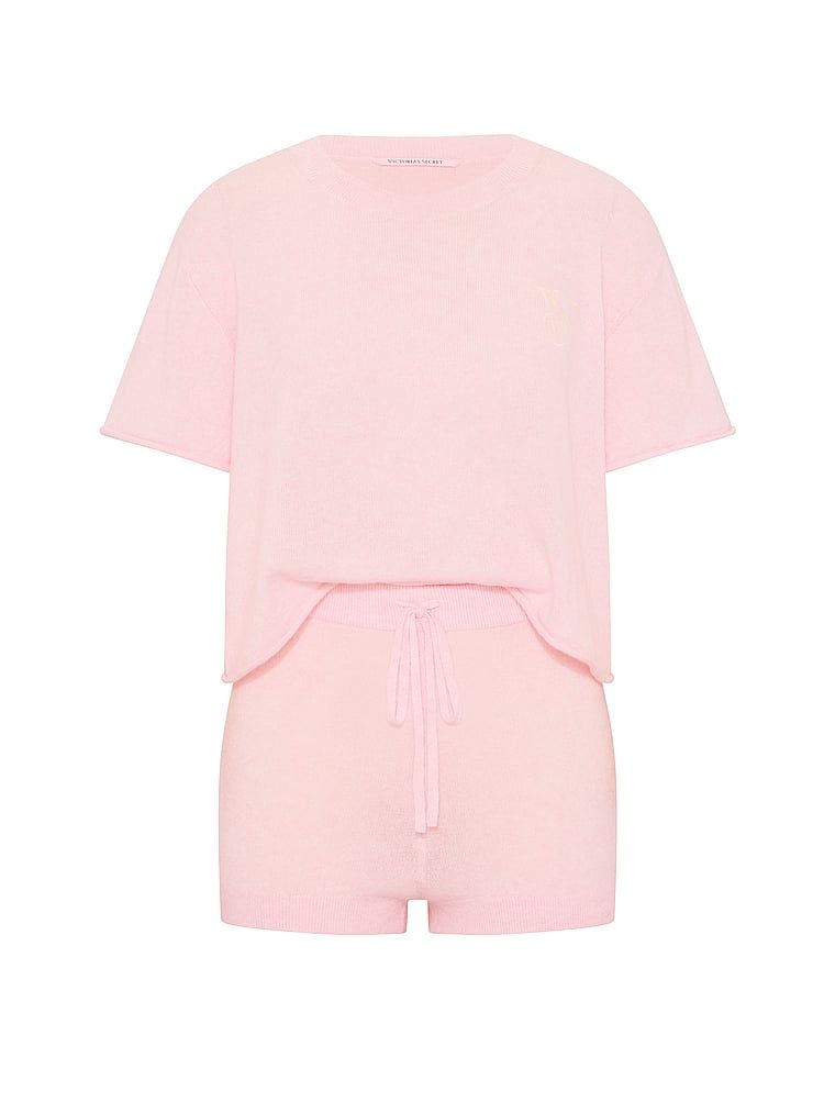 Zestaw z dzianiny do spania - top i szorty Luxe Knit. Produkt ma kolor różowy i pochodzi z kolekcji Victoria's Secret. 