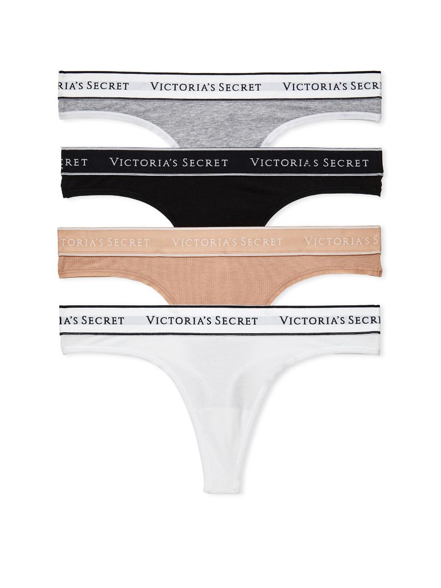 Victoria's Secret Zestaw stringów bawełnianych z logo - 4 sztuki