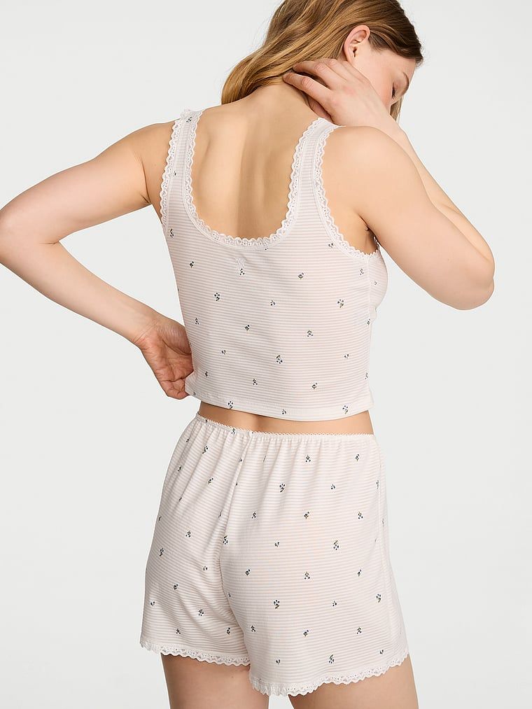 Zestaw do spania z bawełny - top i szorty Shadow Stripe. Produkt ma wzór kwiatowy i pochodzi z kolekcji Victoria's Secret. 
