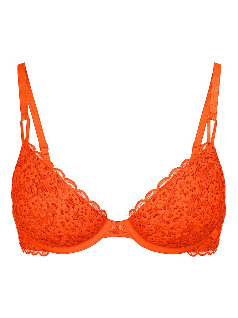 Na zdjęciu na białym tle widoczny jest biustonosz nieusztywniany koronkowy Sexy Tee Demi. Produkt ma kolor czerwony i pochodzi z kolekcji Victoria's Secret.