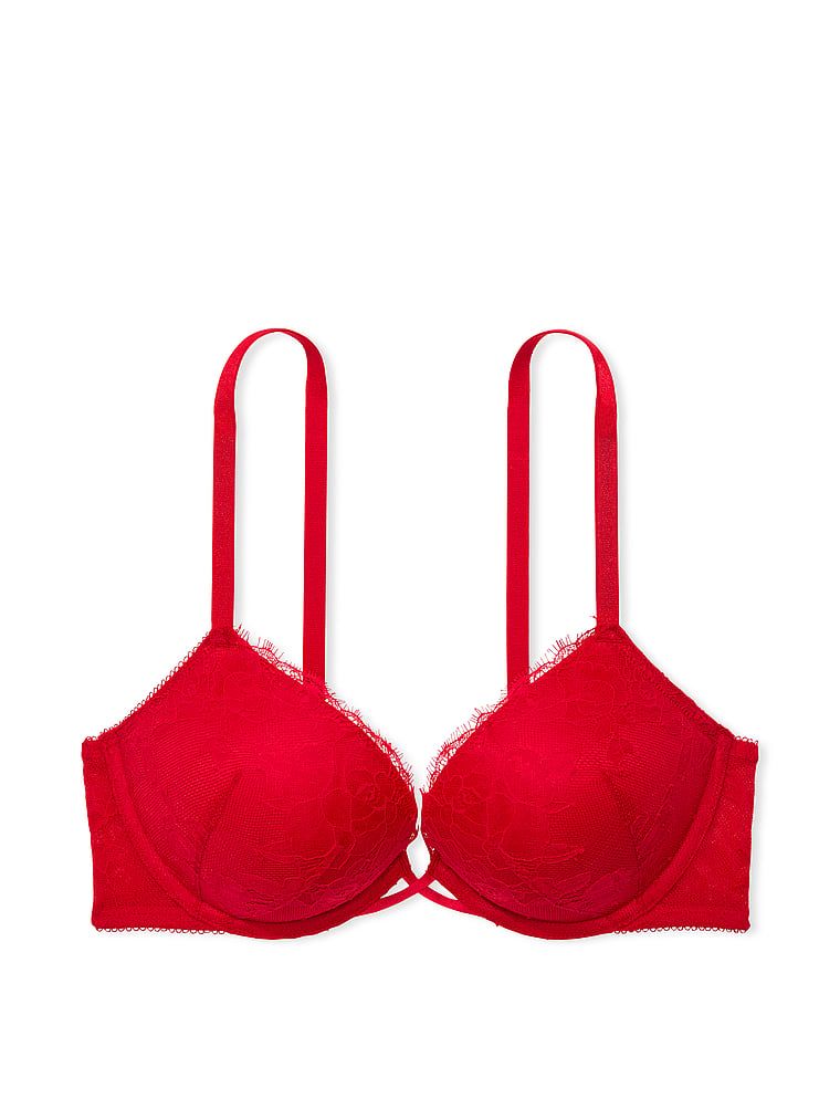 Na zdjęciu na białym tle widoczny jest biustonosz push-up powiększający o 2 rozmiary Bombshell Rose Lace. Produkt ma kolor czerwony i pochodzi z kolekcji Very Sexy.