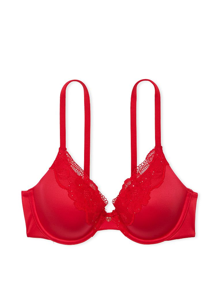 Na zdjęciu na białym tle widoczny jest biustonosz lekko usztywniany z koronką z mocno zabudowanymi miseczkami. Produkt ma kolor czerwony i pochodzi z kolekcji Body by Victoria.