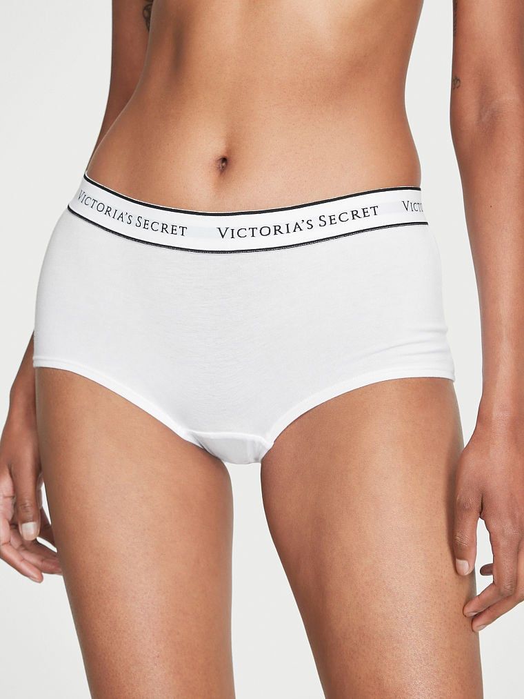 Victoria's Secret Majtki szorty bawełniane z logo w talii Boyshort Vs White  - Victoria's Secret PL