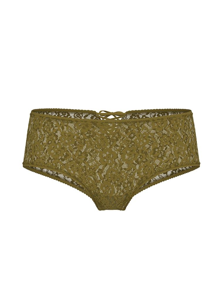 Majtki koronkowe z kokardką i sznurowaniem z tyłu Lace-Up Bow Cheeky. Produkt ma kolor zielony i pochodzi z kolekcji Lacie. 