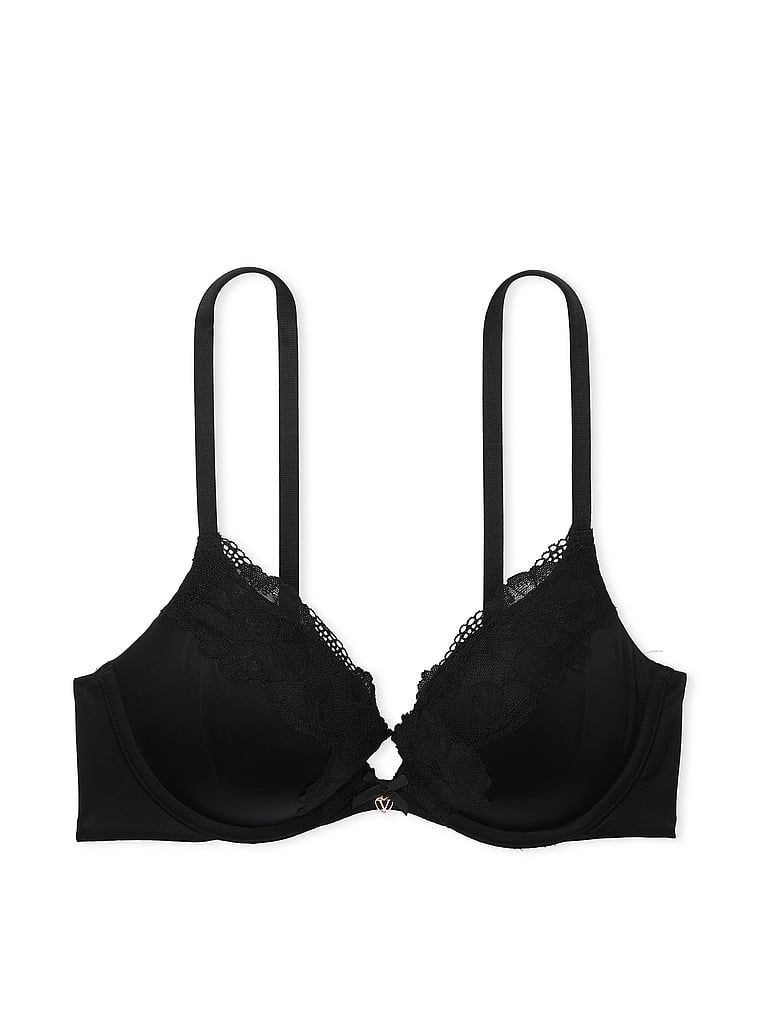 Na zdjęciu na białym tle widoczny jest biustonosz push-up z koronką Lace-Trim. Produkt ma kolor czarny i pochodzi z kolekcji Body by Victoria.