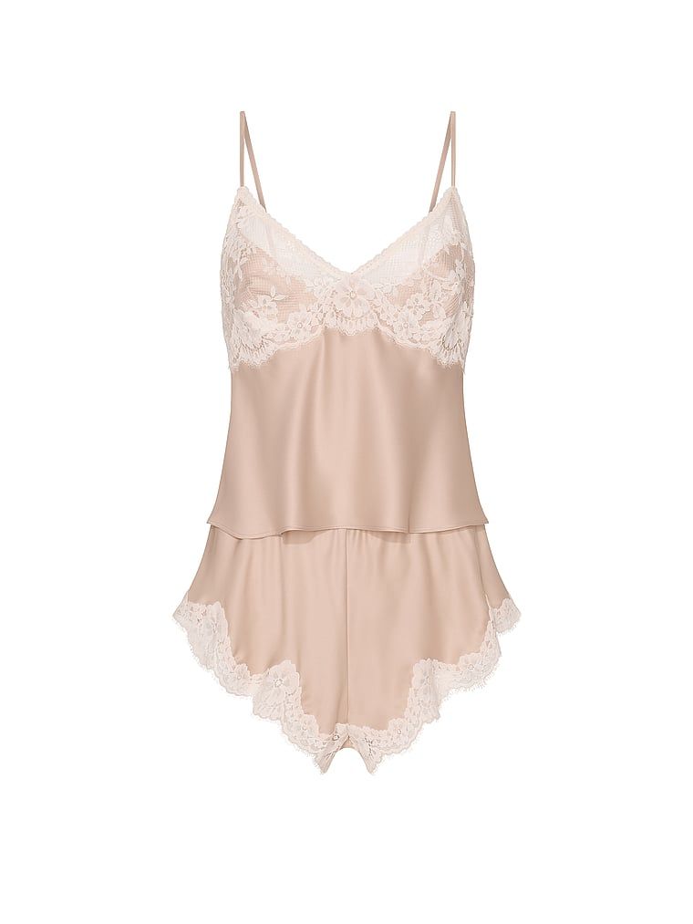 Zestaw satynowy do spania Lace-Trim. Produkt ma kolor beżowy i pochodzi z kolekcji Dream Angels. 