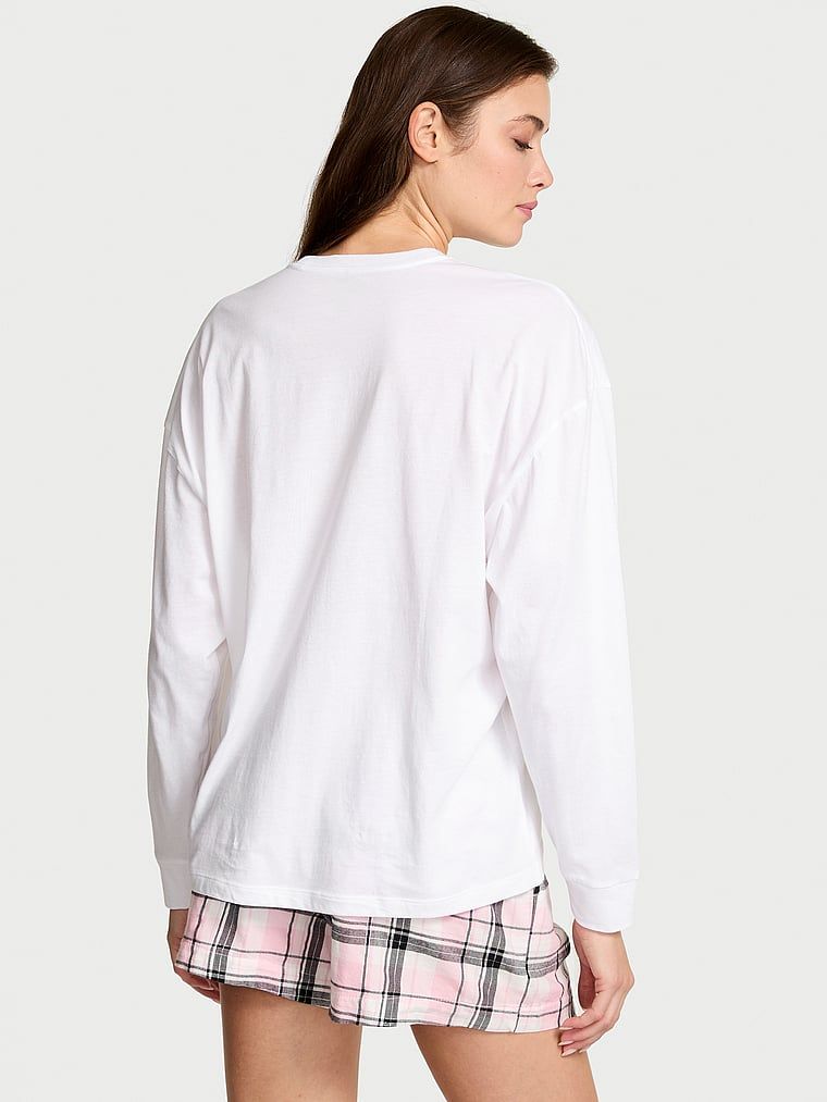 Piżama z flaneli z długimi rekawami i szortami Tee-Jama. Produkt ma kolor biały i pochodzi z kolekcji Victoria's Secret. 