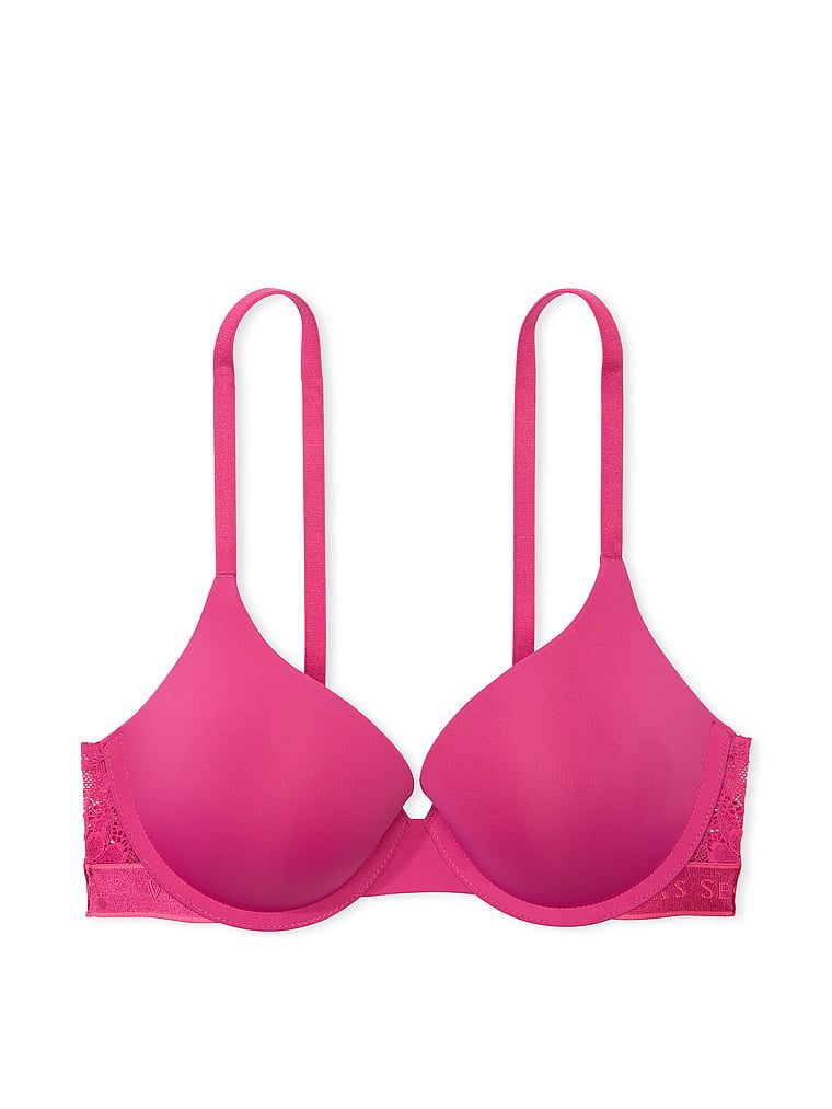 Na zdjęciu na białym tle widoczny jest biustonosz push-up Perfect Shape Lace-Trim. Produkt ma kolor różowy i pochodzi z kolekcji T-shirt.