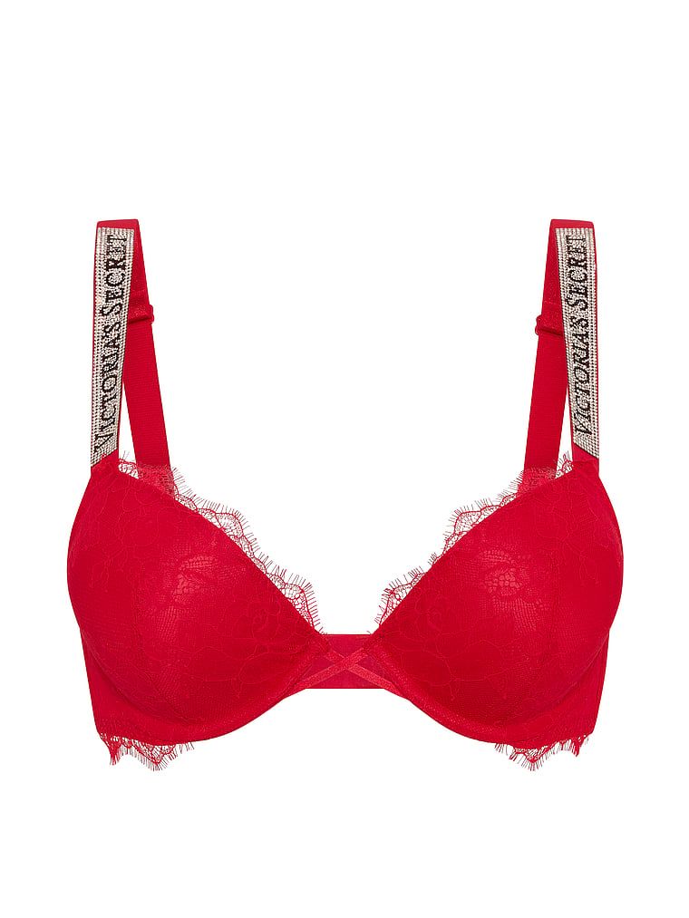 Biustonosz push-up koronkowy powiększający o 2 rozmiary Bombshell Shine Strap. Produkt ma kolor czerwony i pochodzi z kolekcji Very Sexy. 