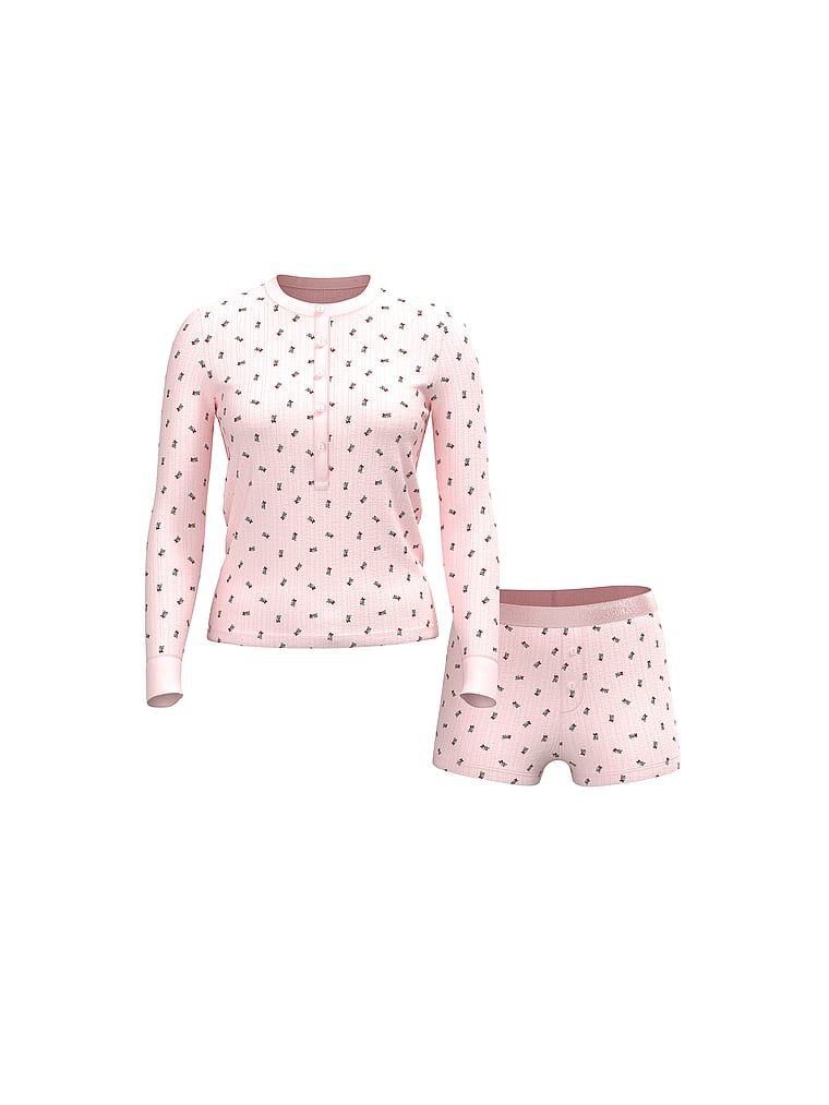 Piżama z długim rękawem i szortami Cozy Pointelle. Produkt jest wzorzysty i pochodzi z kolekcji Victoria's Secret. 