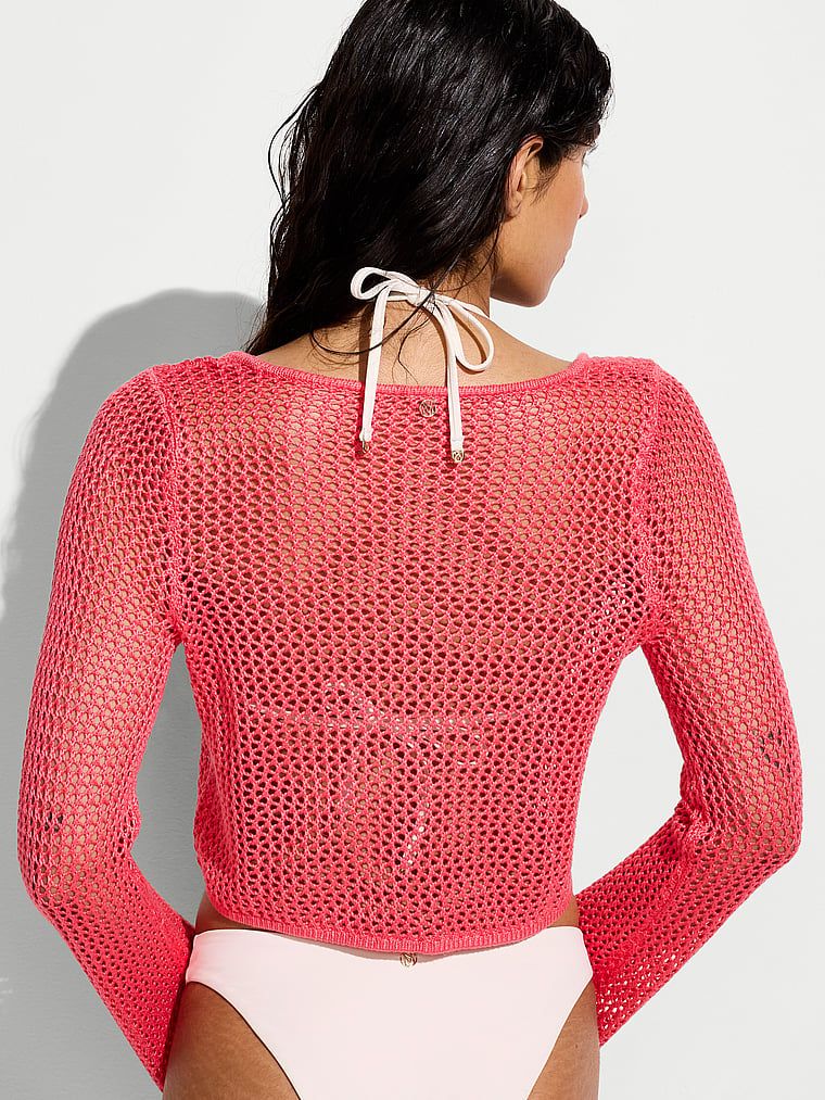 Top dziurkowany z wiskozy na plażę Beachwear Crochet. Produkt ma kolor różowy i pochodzi z kolekcji Victoria's Secret Swim. 