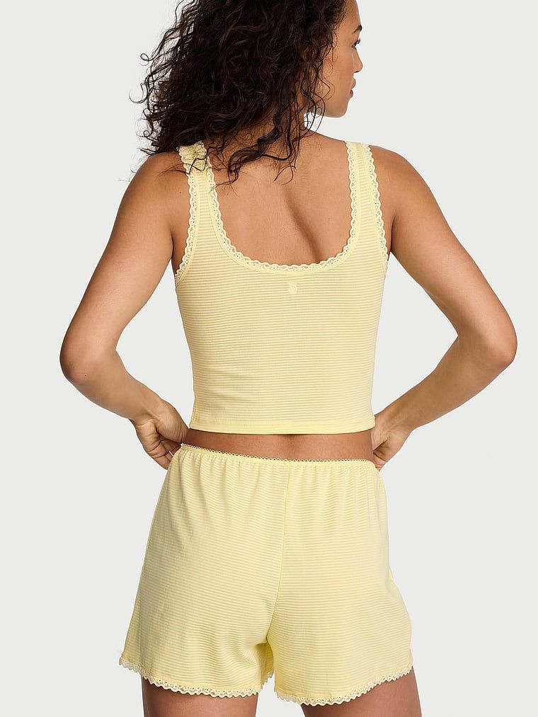 Zestaw do spania z bawełny - top i szorty Shadow Stripe. Produkt ma kolor żółty i pochodzi z kolekcji Victoria's Secret. 