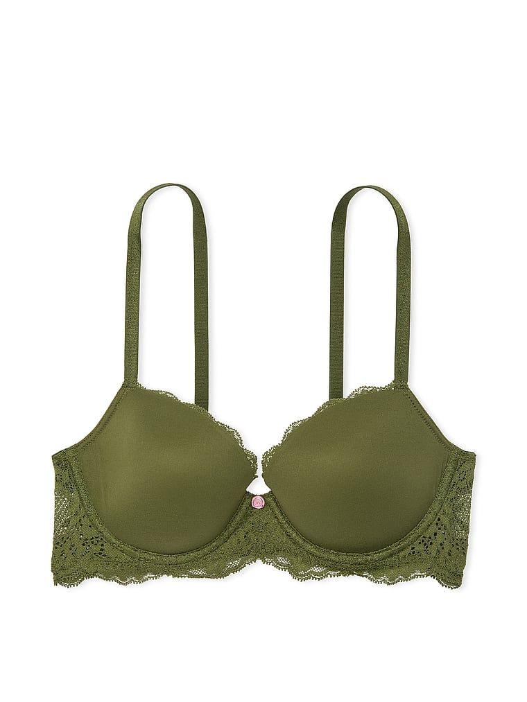 Na zdjęciu na białym tle widoczny jest biustonosz lekko usztywniany Smooth and Lace Classic Demi. Produkt ma kolor zielony i pochodzi z kolekcji Dream Angels.