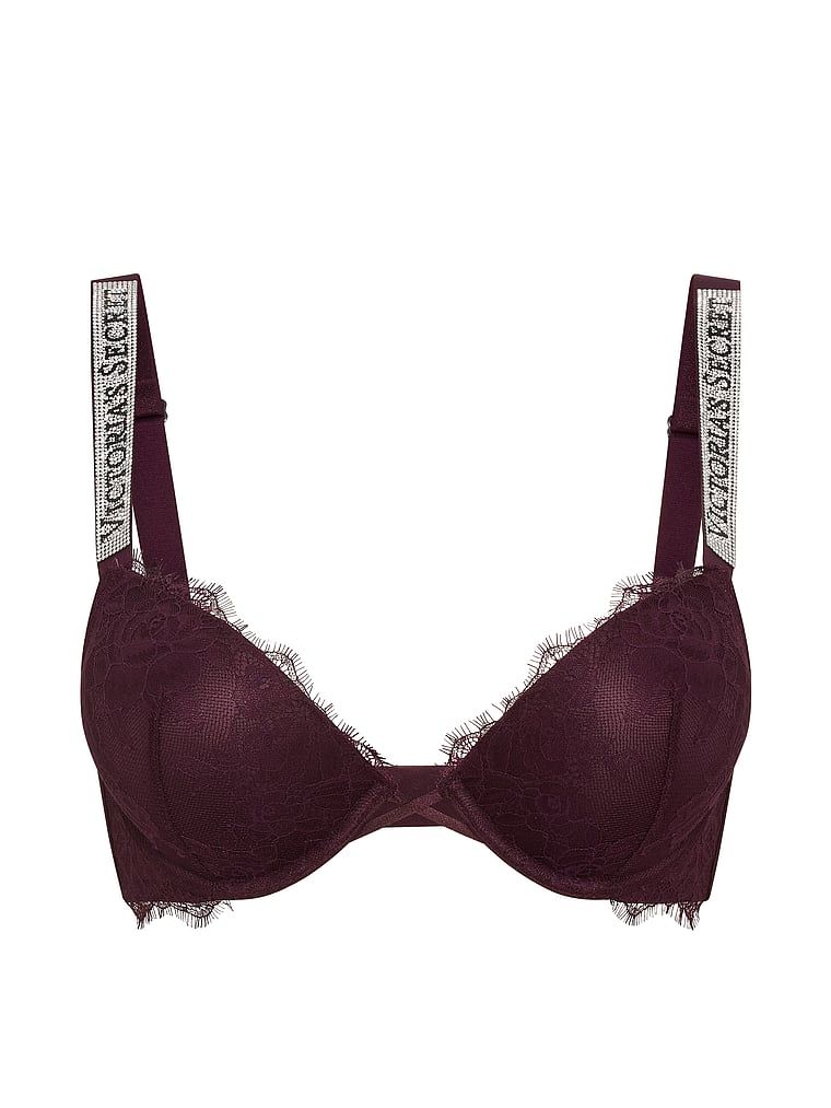 Biustonosz push-up koronkowy powiększający o 2 rozmiary Bombshell Shine Strap. Produkt ma kolor fioletowy i pochodzi z kolekcji Very Sexy. 