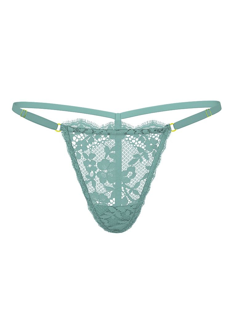 Stringi koronkowe z regulowanymi paskami Lace V-String. Produkt ma kolor zielony i pochodzi z kolekcji Body by Victoria. 