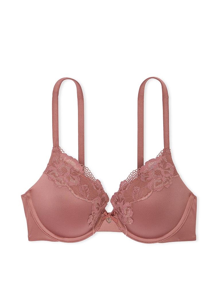 Na zdjęciu na białym tle widoczny jest biustonosz push-up z koronką Lace-Trim Perfect Shape. Produkt ma kolor różowy i pochodzi z kolekcji Body by Victoria.
