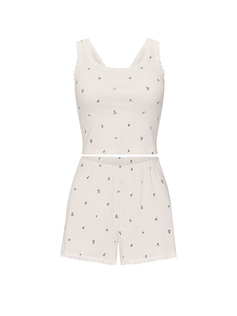 Zestaw do spania z bawełny - top i szorty Shadow Stripe. Produkt ma wzór kwiatowy i pochodzi z kolekcji Victoria's Secret. 