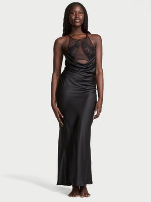 Victoria's Secret Suknia satynowa maxi z koronkowym dekoltem Sheer Rose