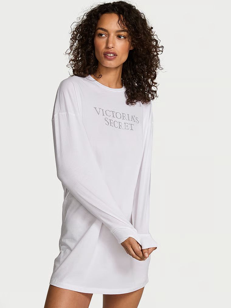 Bluzka do spania z bawełny z długimi rękawami. Produkt ma kolor biały i pochodzi z kolekcji Victoria's Secret. 