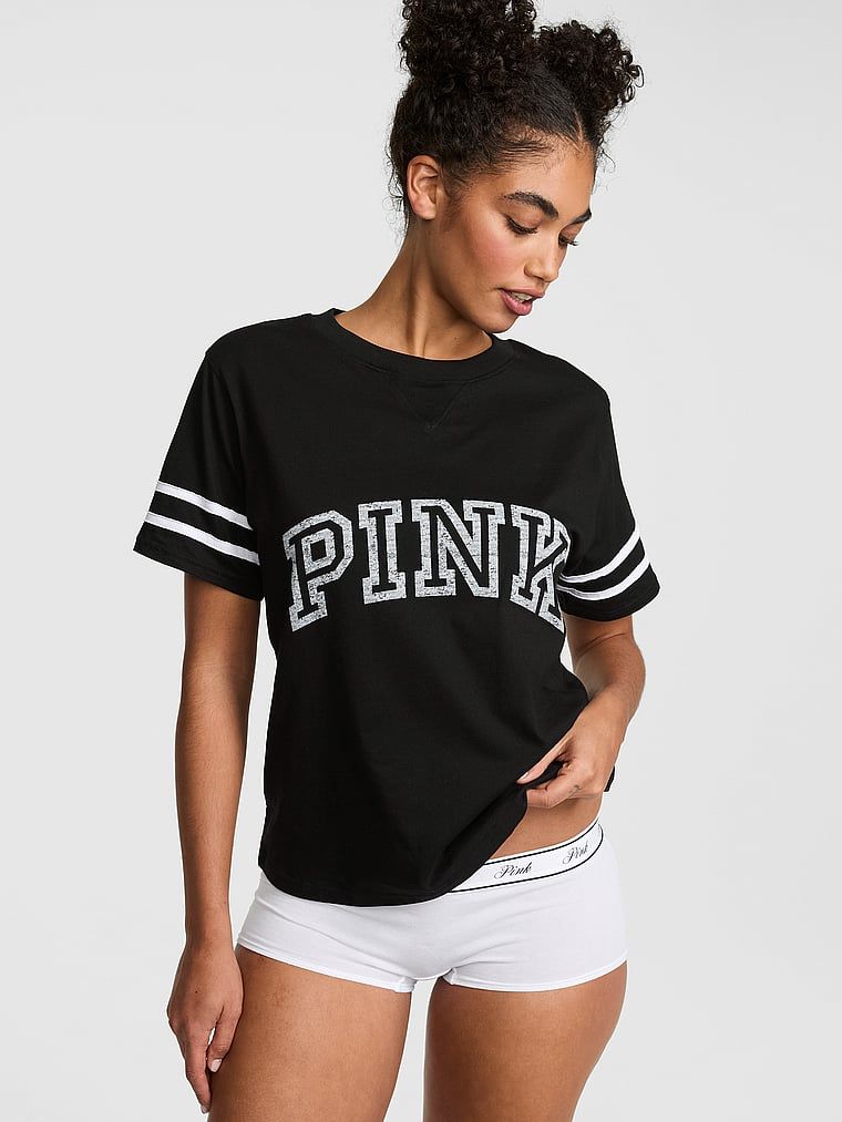 Boxy T-shirt z okrągłym dekoltem i przeszyciem V Campus Cotton