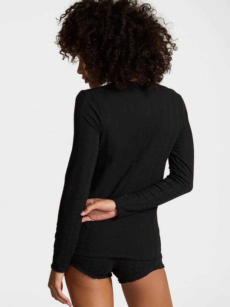 Piżama bawełniana z długimi rękawami i szortami Heart Pointelle. Produkt ma kolor czarny i pochodzi z kolekcji Victoria's Secret. 