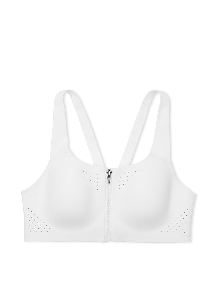 Na zdjęciu na białym tle widoczny jest biustonosz sportowy z maksymalnym podtrzymaniem z suwakiem Featherweight Max Front-Close. Produkt ma kolor biały i pochodzi z kolekcji VSX.