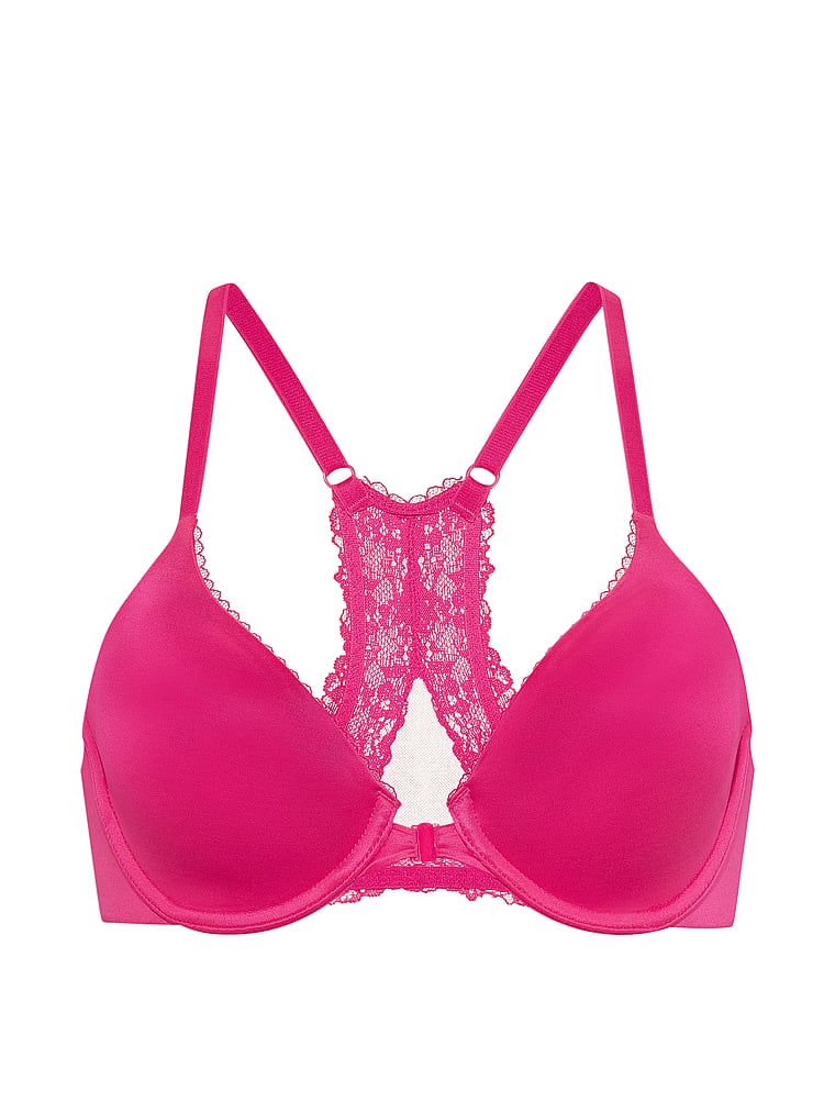 Biustonosz lekko uszytywniany zapinany z przodu z mocno zabudowanymi miseczkami Racerback. Produkt ma kolor różowy i pochodzi z kolekcji Body by Victoria. 