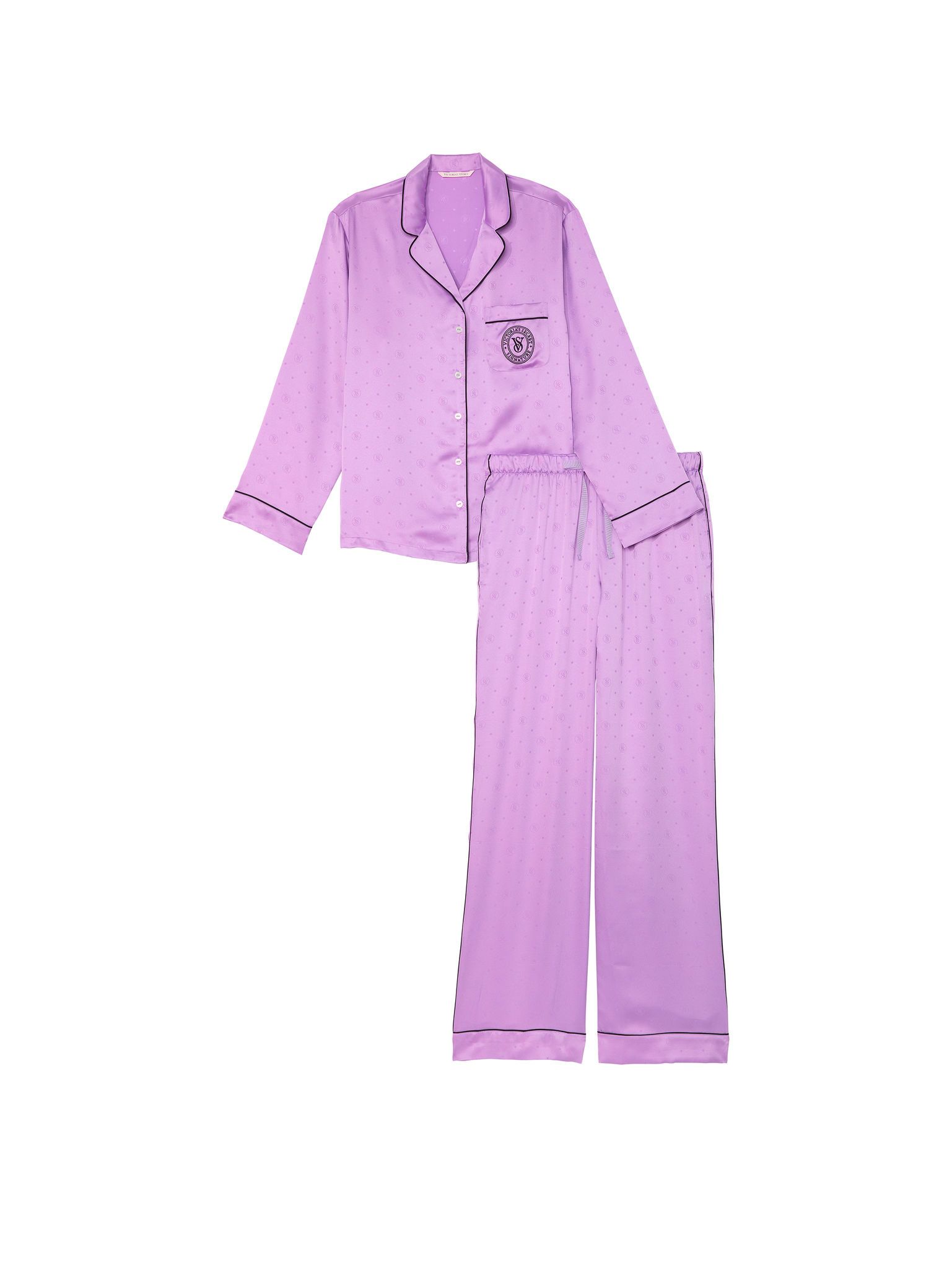 Satynowa piżama z długim rękawem. Produkt ma kolor purpurowy i pochodzi z kolekcji Victoria's Secret. 