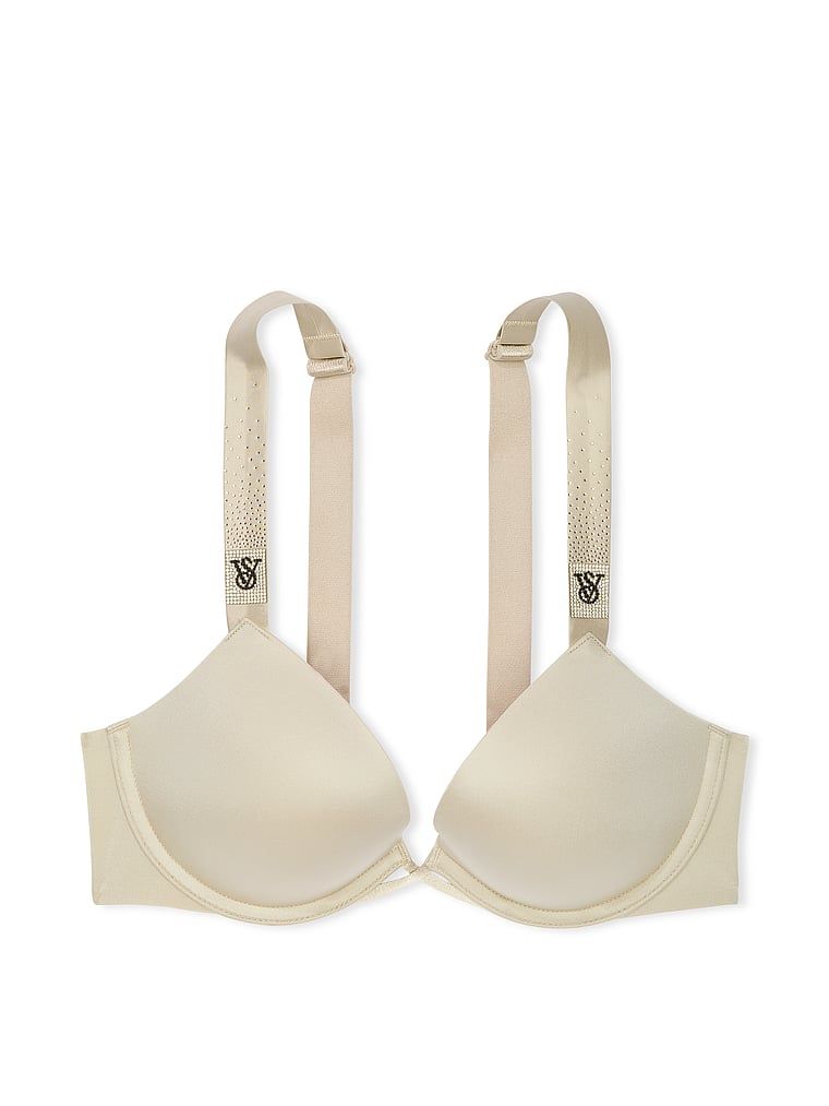 Na zdjęciu na białym tle widoczny jest biustonosz push-up z błyszczącymi paseczkami Scattered Shine Strap. Produkt ma kolor beżowy i pochodzi z kolekcji Very Sexy.