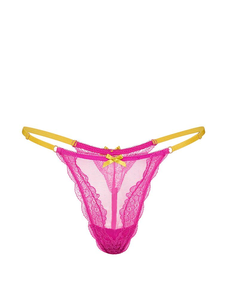 Stringi z regulowanymi paseczkami Tease. Produkt ma kolor różowy i pochodzi z kolekcji Victoria's Secret. 