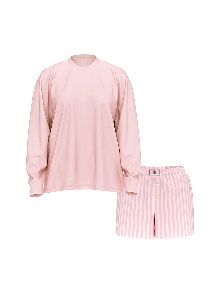 Piżama z flaneli z długimi rekawami i szortami Tee-Jama. Produkt ma kolor różowy i pochodzi z kolekcji Victoria's Secret. 