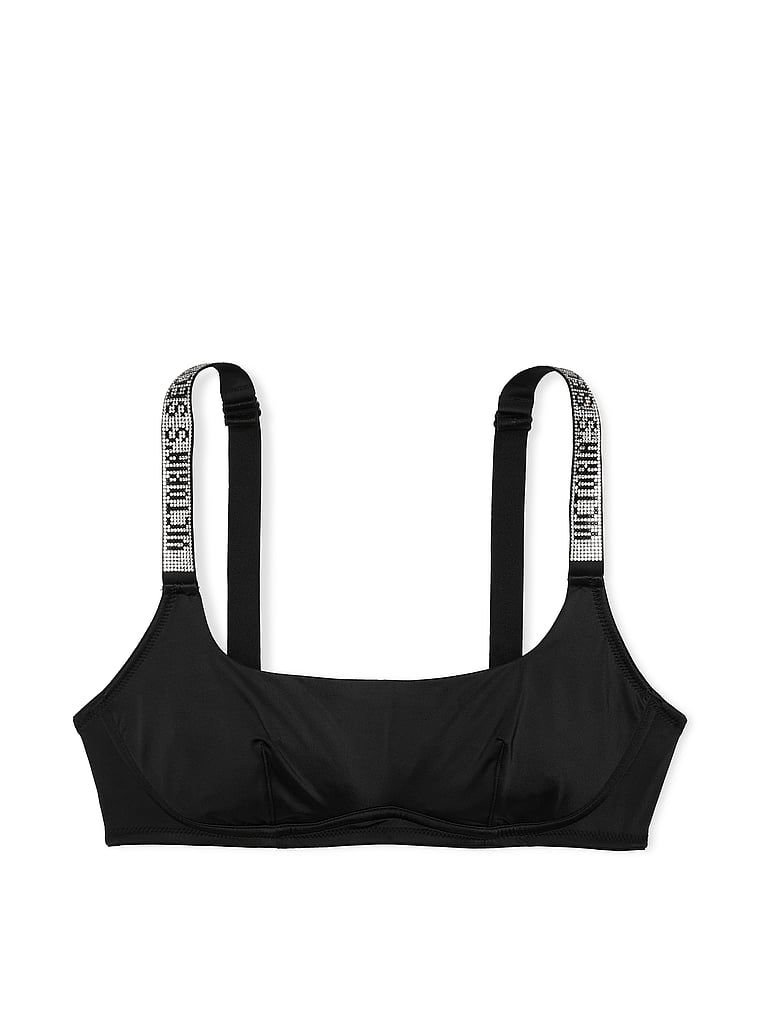Na zdjęciu na białym tle widoczny jest biustonosz braletka bez fiszbin z błyszczącymi ramiączkami Shine Strap. Produkt ma kolor czarny i pochodzi z kolekcji Very Sexy.