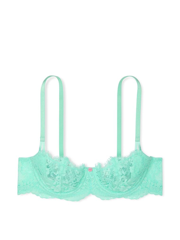 Na zdjęciu na białym tle widoczny jest biustonosz nieusztywniany balkonetka Wicked Lace Balconette. Produkt ma kolor zielony i pochodzi z kolekcji Dream Angels.