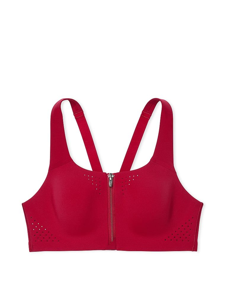 Na zdjęciu na białym tle widoczny jest biustonosz sportowy z maksymalnym podtrzymaniem z suwakiem Featherweight Max Front-Close. Produkt ma kolor czerwony i pochodzi z kolekcji VSX.
