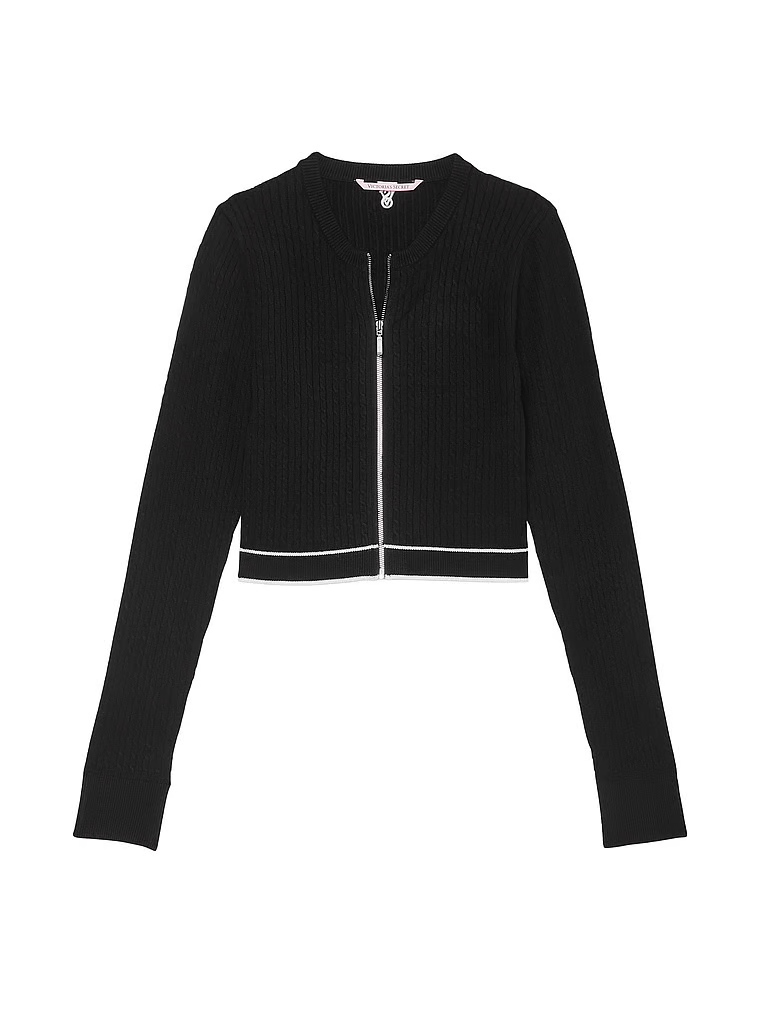 Kardigan z dzianiny zapinany na suwak Luxe Cable-Knit. Produkt ma kolor czarny i pochodzi z kolekcji Victoria's Secret. 