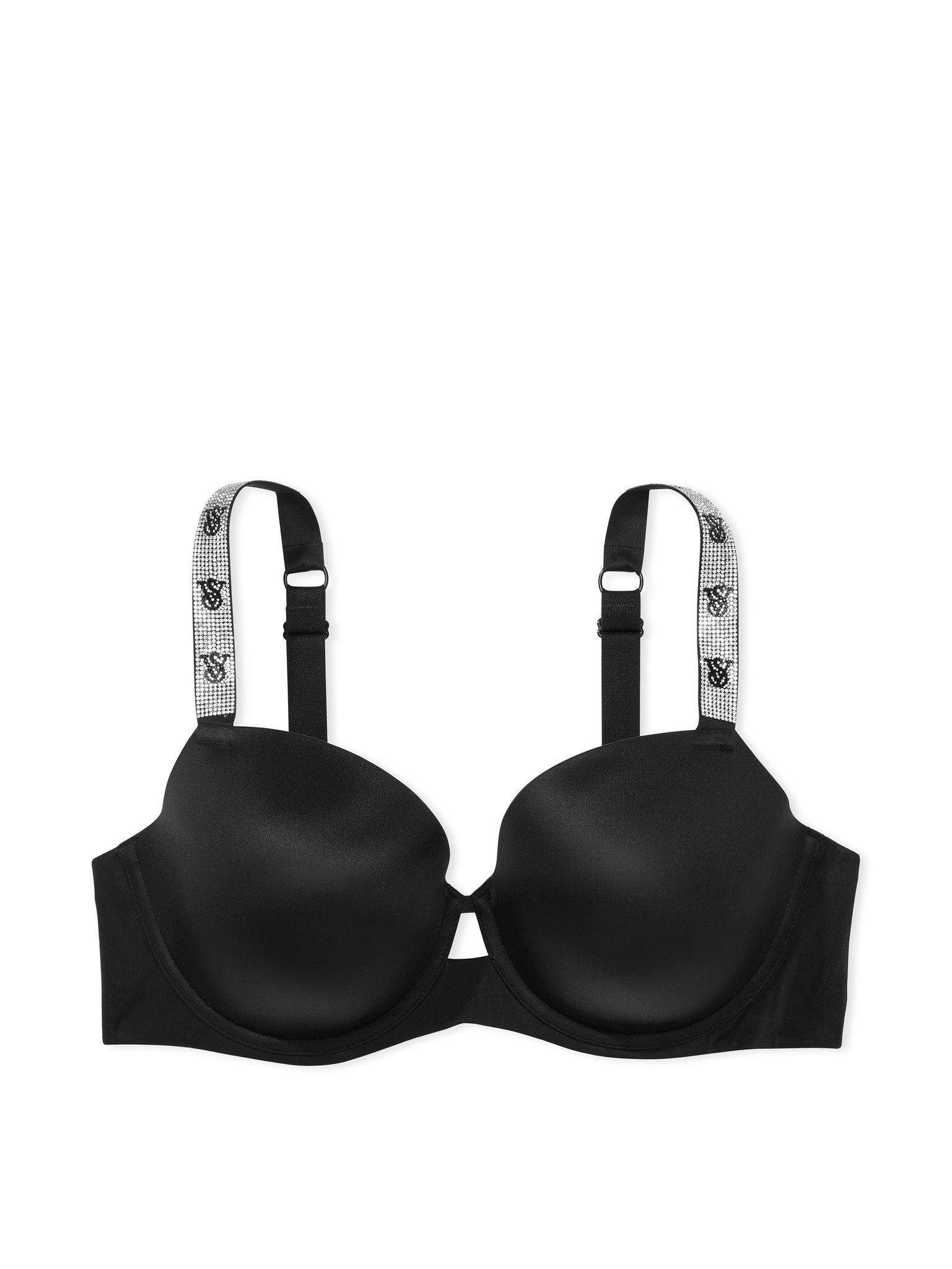 Na zdjęciu na białym tle widoczny jest biustonosz lekko usztywniany z błyszczącymi ramiączkami Shine Strap Demi. Produkt ma kolor czarny i pochodzi z kolekcji Very Sexy.