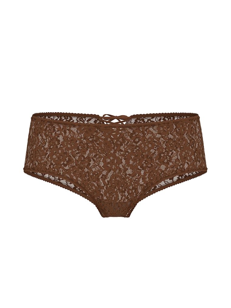 Majtki koronkowe z kokardką i sznurowaniem z tyłu Lace-Up Bow Cheeky. Produkt ma kolor brązowy i pochodzi z kolekcji Lacie. 