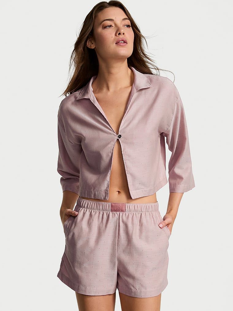 Piżama z bawełny i modalu - bluzka i szorty Flyaway. Produkt ma kolor różowy i pochodzi z kolekcji Victoria's Secret. 