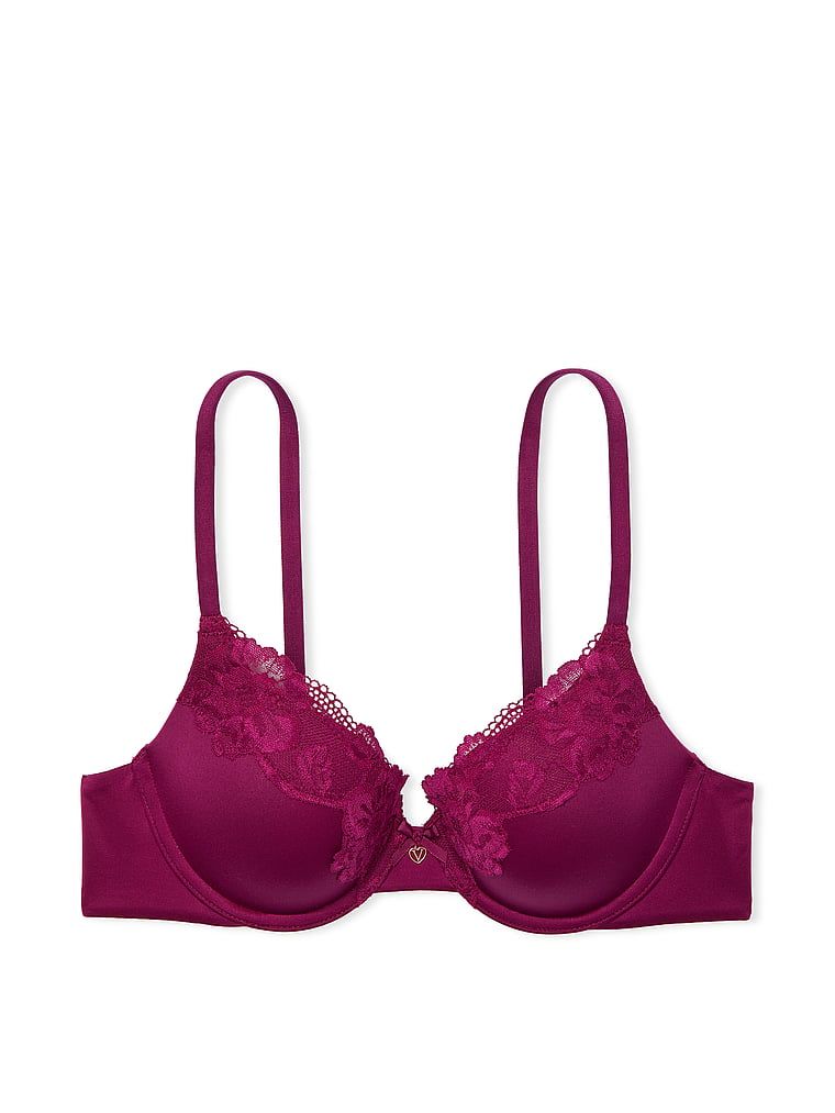 Na zdjęciu na białym tle widoczny jest biustonosz push-up z koronką Perfect Shape Lace-Trim. Produkt ma kolor czerwony i pochodzi z kolekcji Body by Victoria.