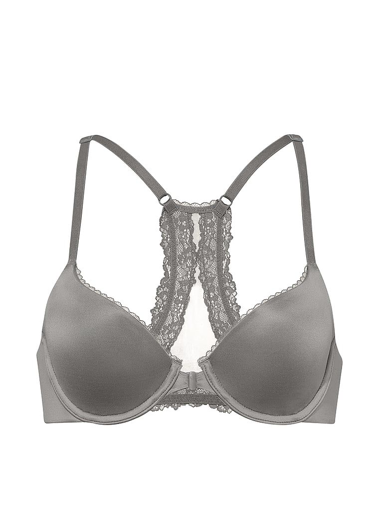 Biustonosz lekko uszytywniany zapinany z przodu z koronką na plecach Racerback Demi. Produkt ma kolor szary i pochodzi z kolekcji Body by Victoria. 