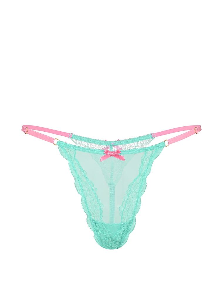 Stringi z regulowanymi paseczkami Tease. Produkt ma kolor niebieski i pochodzi z kolekcji Victoria's Secret. 