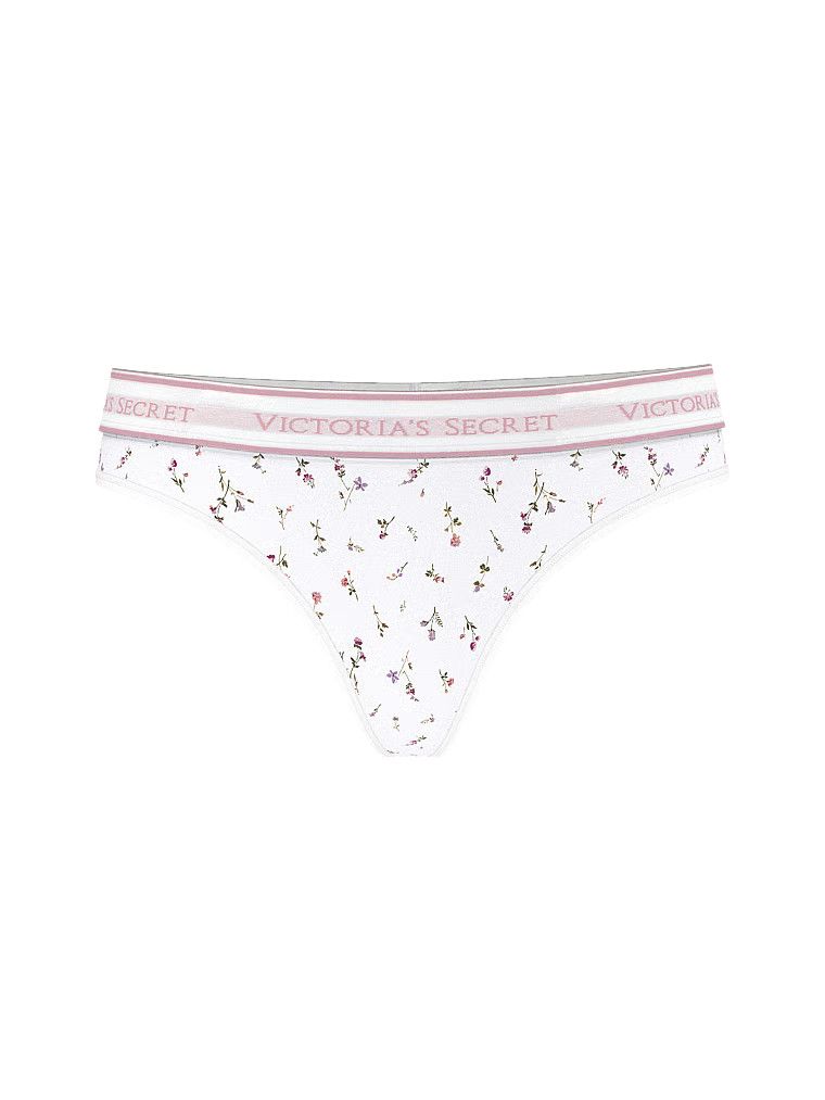 Stringi bawełniane z logo w talii. Produkt ma kwiatowy wzór i pochodzi z kolekcji Body by Victoria. 