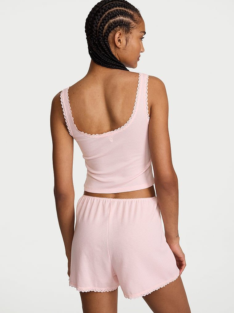 Zestaw do spania z bawełny - top i szorty Shadow Stripe. Produkt ma kolor różowy i pochodzi z kolekcji Victoria's Secret. 