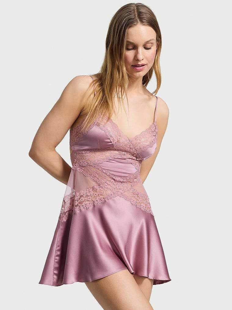 Dream Angels Koszulka nocna satynowa z koronką Lace and Satin Flounce Slip