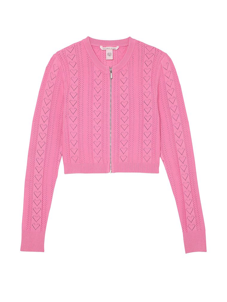 Sweterek crop top na suwak z dziurkowanego materiału Luxe Heart Pointelle. Produkt ma kolor różowy i pochodzi z kolekcji Victoria's Secret. 