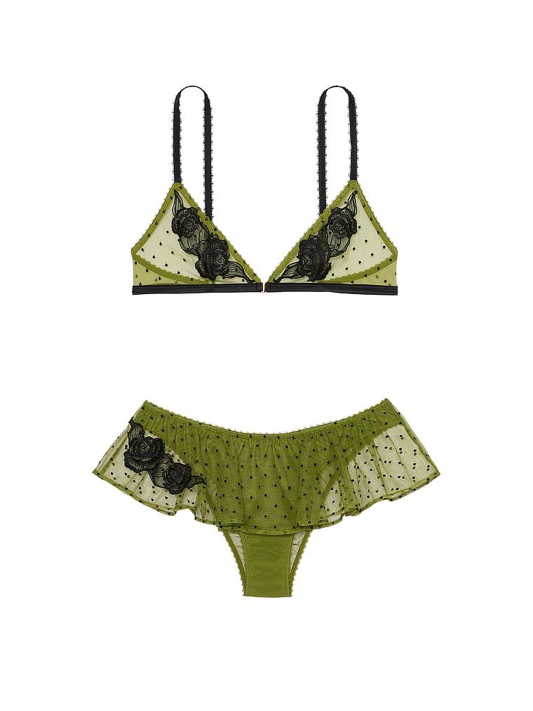 Victoria's Secret Zestaw z siateczki - biustonosz braletka i majtki z falbanką Sheer Rose Dot