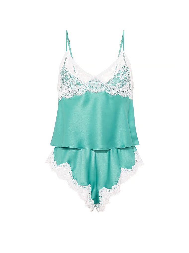 Zestaw satynowy do spania Lace-Trim. Produkt ma kolor niebieski i pochodzi z kolekcji Dream Angels. 