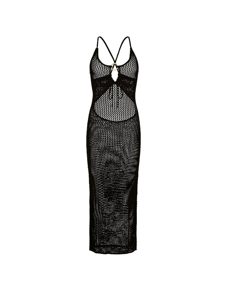 Sukienka dziurkowana midi na plażę Beachwear Crochet. Produkt ma kolor czarny i pochodzi z kolekcji Victoria's Secret Swim. 