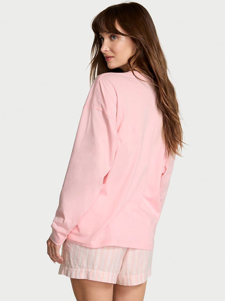 Piżama z flaneli z długimi rekawami i szortami Tee-Jama. Produkt ma kolor różowy i pochodzi z kolekcji Victoria's Secret. 