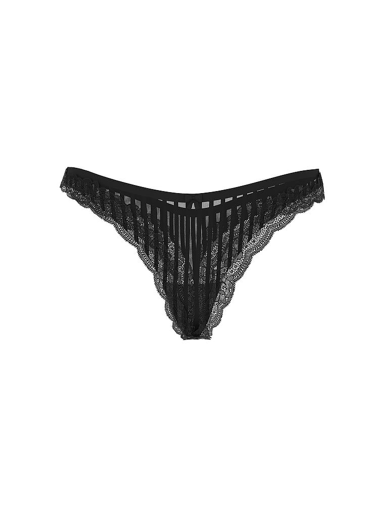 Stringi z paseczków z wysoko wyciętymi nogawkami Tease Sheer Stripe. Produkt ma kolor czarny i pochodzi z kolekcji Victoria's Secret. 